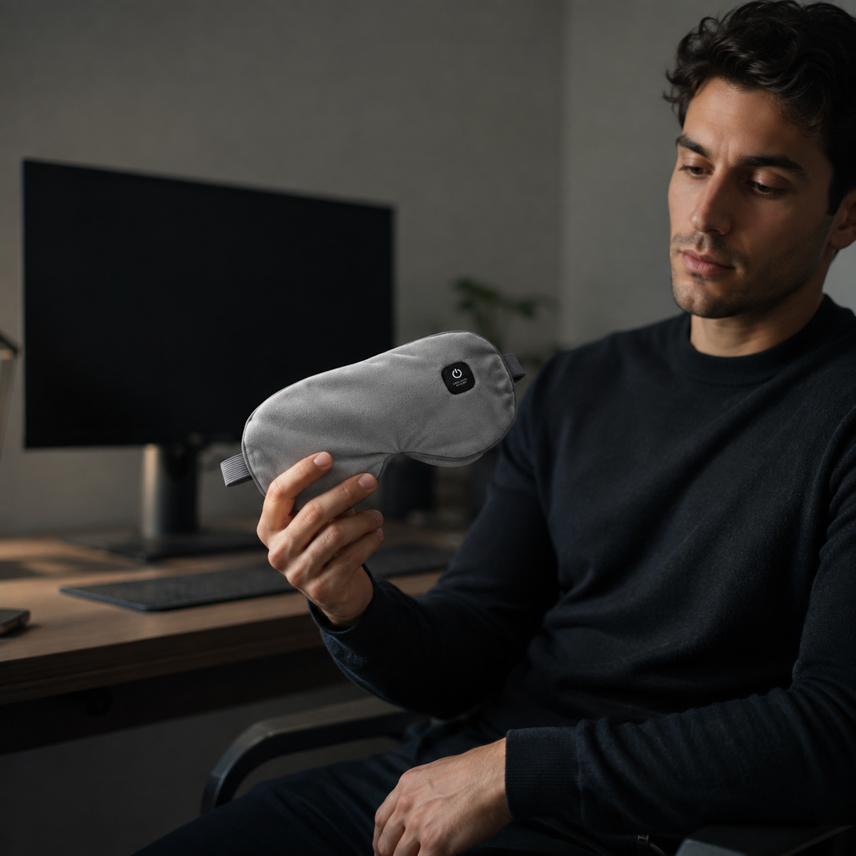 USE 2 — desk, monitor off, mask in hand